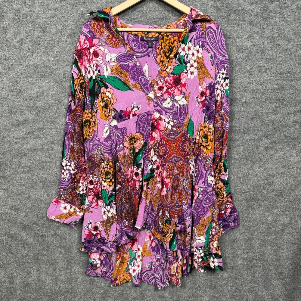 Roaman's Size 26W Tunic Shirt Purple Floral Paisley Vibrant Romantic Art to Wear